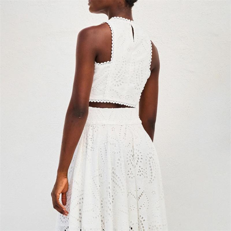 White Sleeve Hollow Out Crop Top Embroidered Pleated Pocket Two Pieces Skirt Set Dress