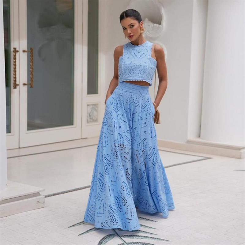 Blue Sleeve Hollow Out Crop Top Embroidered Pleated Pocket Two Pieces Skirt Set Dress