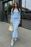 Sky Blue Long Sleeve Ruffles Tops Pleated Striped Knitted Midi Dress Sets