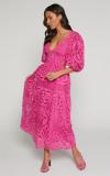 Rose Red Lace Embroidery Hollow Out Deep V Neck Women Party Evening Dress