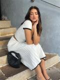 White Button Short Sleeve Crop Top Pleated Women Striped Party Skirt Sets