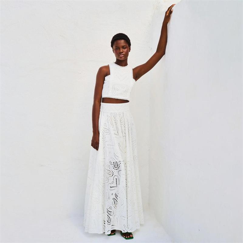 White Sleeve Hollow Out Crop Top Embroidered Pleated Pocket Two Pieces Skirt Set Dress