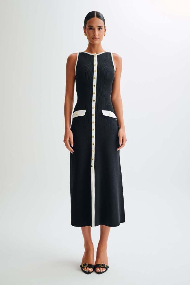 Black Sleeveless Pleated Button Striped Slim Women Party Maxi Dress