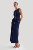 Royal Blue Sleeveless Pleated Button Striped Slim Women Party Maxi Dress