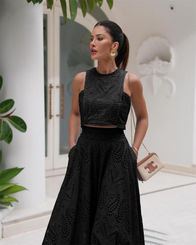 Black Sleeve Hollow Out Crop Top Embroidered Pleated Pocket Two Pieces Skirt Set Dress