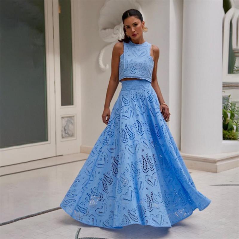 Blue Sleeve Hollow Out Crop Top Embroidered Pleated Pocket Two Pieces Skirt Set Dress