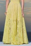 Yellow Sleeve Hollow Out Crop Top Embroidered Pleated Pocket Two Pieces Skirt Set Dress