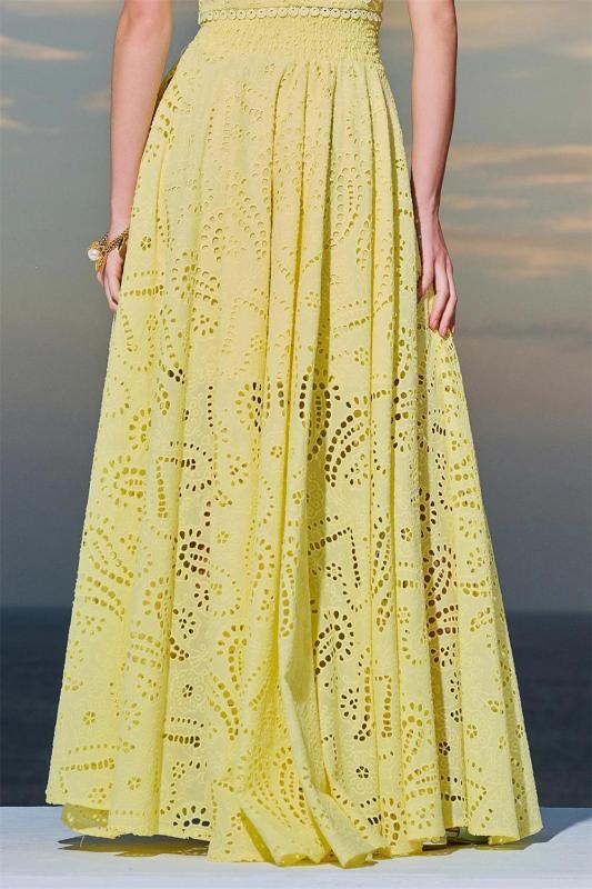 Yellow Sleeve Hollow Out Crop Top Embroidered Pleated Pocket Two Pieces Skirt Set Dress