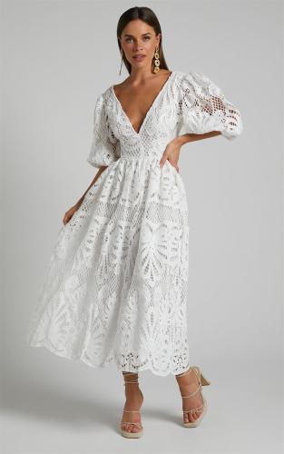 White Lace Embroidery Hollow Out Deep V Neck Women Party Evening Dress