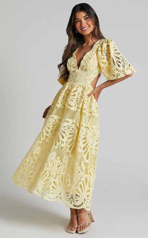 Yellow Lace Embroidery Hollow Out Deep V Neck Women Party Evening Dress 004