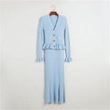 Sky Blue Long Sleeve Ruffles Tops Pleated Striped Knitted Midi Dress Sets