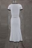 White Button Short Sleeve Crop Top Pleated Women Striped Party Skirt Sets