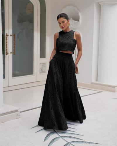 Black Sleeve Hollow Out Crop Top Embroidered Pleated Pocket Two Pieces Skirt Set Dress