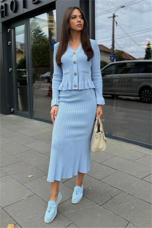 Sky Blue Long Sleeve Ruffles Tops Pleated Striped Knitted Midi Dress Sets