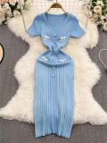 Sky Blue Short Sleeve Button V Neck Pleated Striped Casual Women Dress