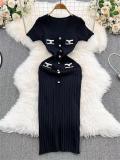 Black Short Sleeve Button V Neck Pleated Striped Casual Women Dress