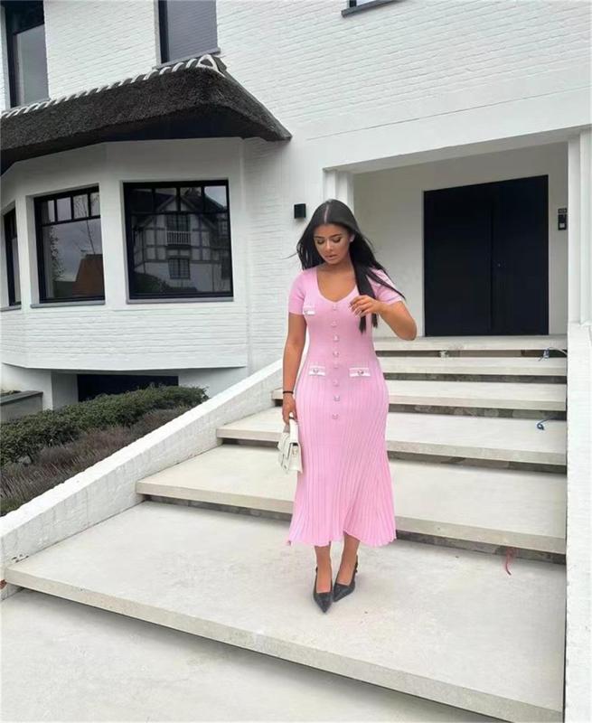 Pink Short Sleeve Button V Neck Pleated Striped Casual Women Dress