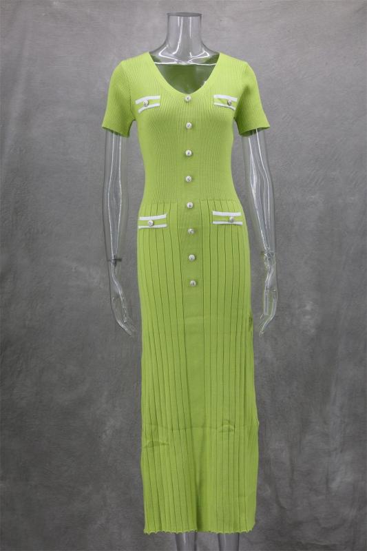 Mint Green Short Sleeve Button V Neck Pleated Striped Casual Women Dress