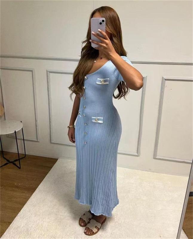 Sky Blue Short Sleeve Button V Neck Pleated Striped Casual Women Dress