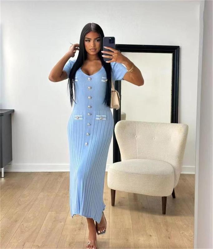 Sky Blue Short Sleeve Button V Neck Pleated Striped Casual Women Dress