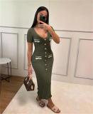 Green Short Sleeve Button V Neck Pleated Striped Casual Women Dress