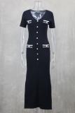 Black Short Sleeve Button V Neck Pleated Striped Casual Women Dress