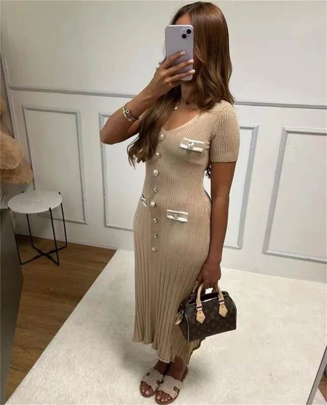 Beige Short Sleeve Button V Neck Pleated Striped Casual Women Dress