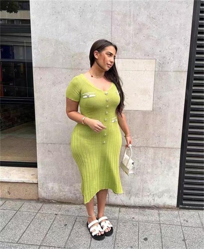 Mint Green Short Sleeve Button V Neck Pleated Striped Casual Women Dress