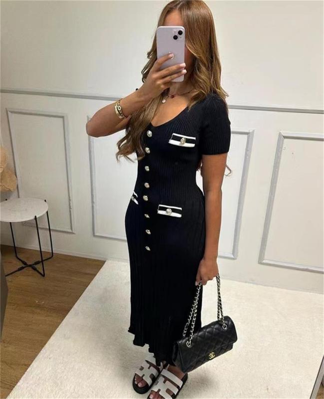 Black Short Sleeve Button V Neck Pleated Striped Casual Women Dress