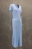 Sky Blue Short Sleeve Button V Neck Pleated Striped Casual Women Dress