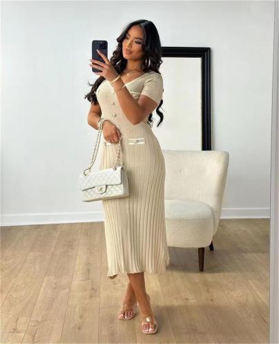 Beige Short Sleeve Button V Neck Pleated Striped Casual Women Dress