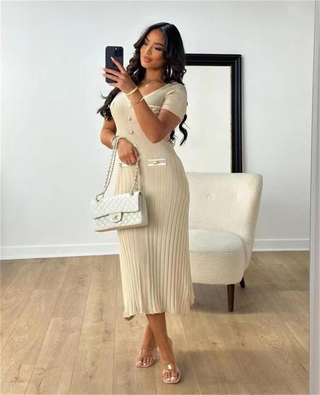 Beige Short Sleeve Button V Neck Pleated Striped Casual Women Dress