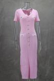 Pink Short Sleeve Button V Neck Pleated Striped Casual Women Dress