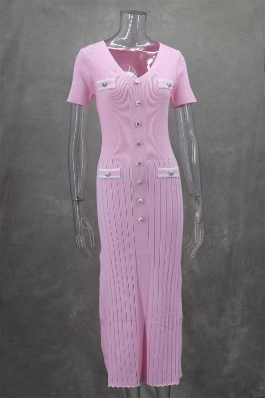 Pink Short Sleeve Button V Neck Pleated Striped Casual Women Dress