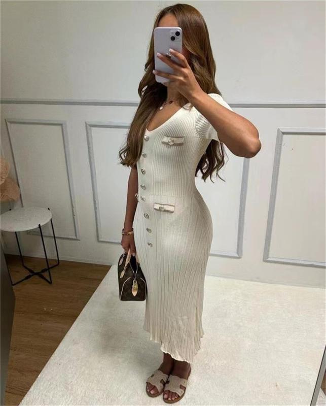 White Short Sleeve Button V Neck Pleated Striped Casual Women Dress
