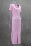 Pink Short Sleeve Button V Neck Pleated Striped Casual Women Dress