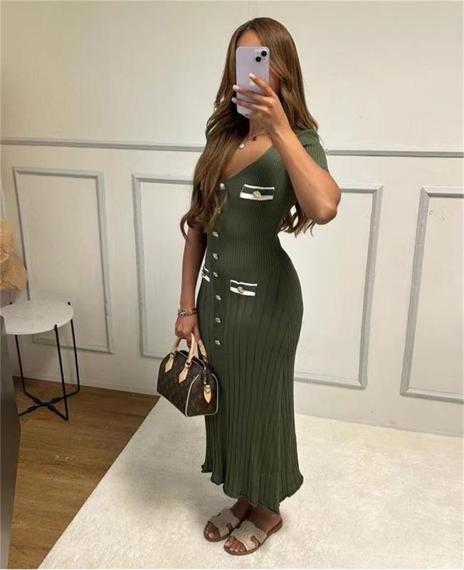 Green Short Sleeve Button V Neck Pleated Striped Casual Women Dress