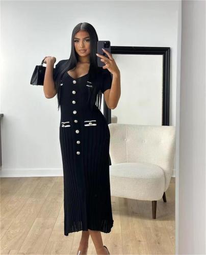 Black Short Sleeve Button V Neck Pleated Striped Casual Women Dress