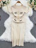 White Short Sleeve Button V Neck Pleated Striped Casual Women Dress