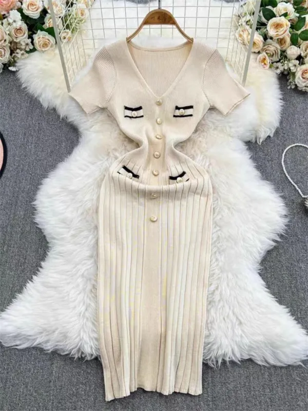 White Short Sleeve Button V Neck Pleated Striped Casual Women Dress