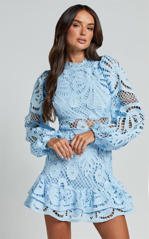 Sky Blue Long Sleeve Hollow Out Lace Embroidery Fashion Women Skirt Dress