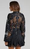 Black Long Sleeve Hollow Out Lace Embroidery Fashion Women Skirt Dress