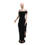 Black Off Shoulder Strapless Mesh Sexy Ruffles Women Party Evening Dress