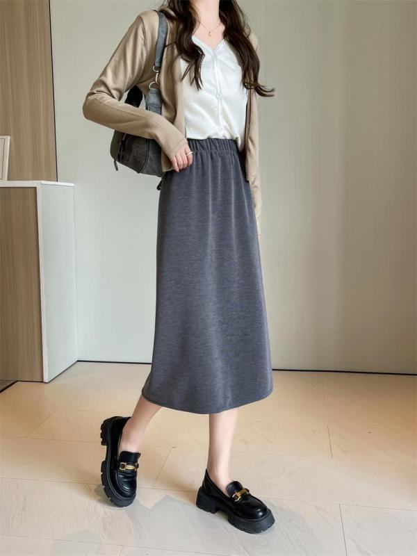 Gray Women's Fashion Knitted Fall & Winter Mid-Length A-Line Slit Casual Skirt