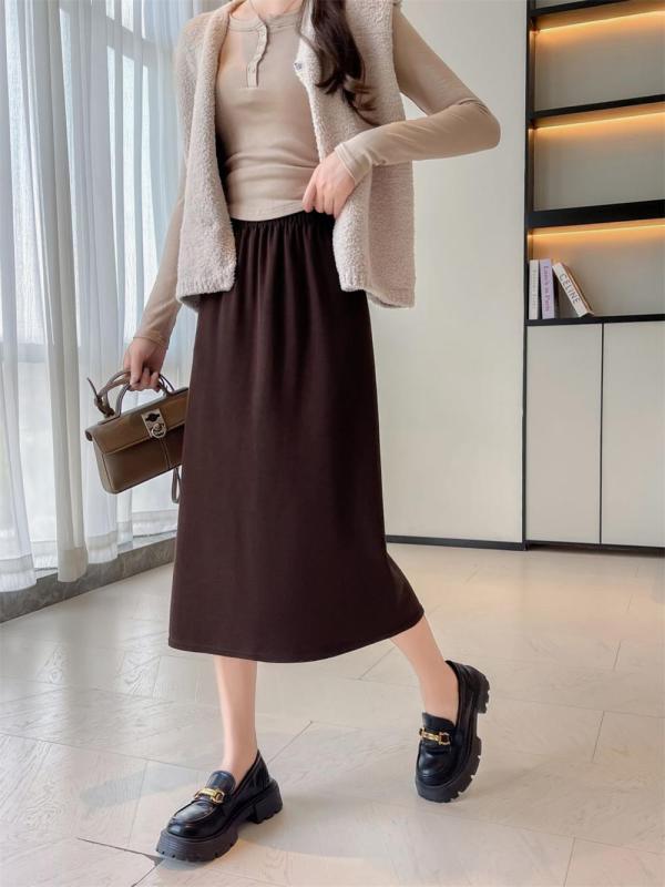 Khaki Women's Fashion Knitted Fall & Winter Mid-Length A-Line Slit Casual Skirt
