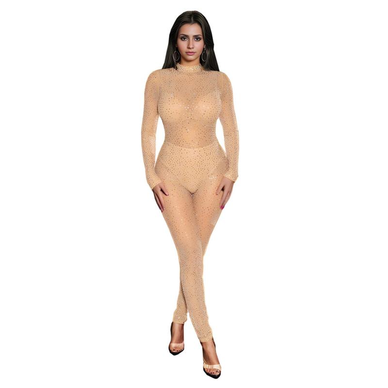 Beige Long Sleeve Mesh See Through Diamonds Sexy Bodycon Party Birthday Jumpsuit