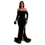 Black Off Shoulder Long Sleeve Velvet Solid Elegant Low Cut Prom Evening Dress