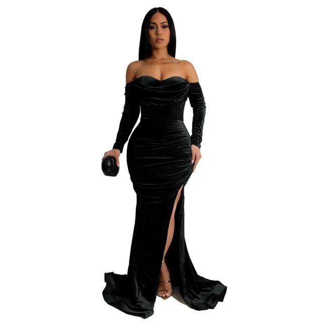 Black Off Shoulder Long Sleeve Velvet Solid Elegant Low Cut Prom Evening Dress