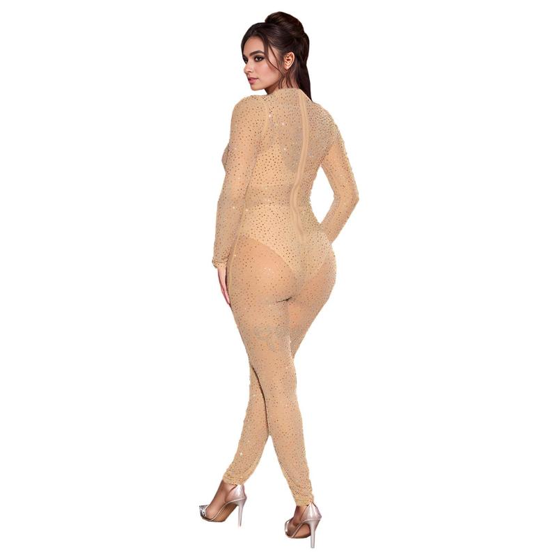 Beige Long Sleeve Mesh See Through Diamonds Sexy Bodycon Party Birthday Jumpsuit