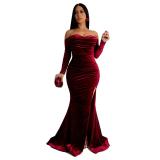 Claret Off Shoulder Long Sleeve Velvet Solid Elegant Low Cut Prom Evening Dress